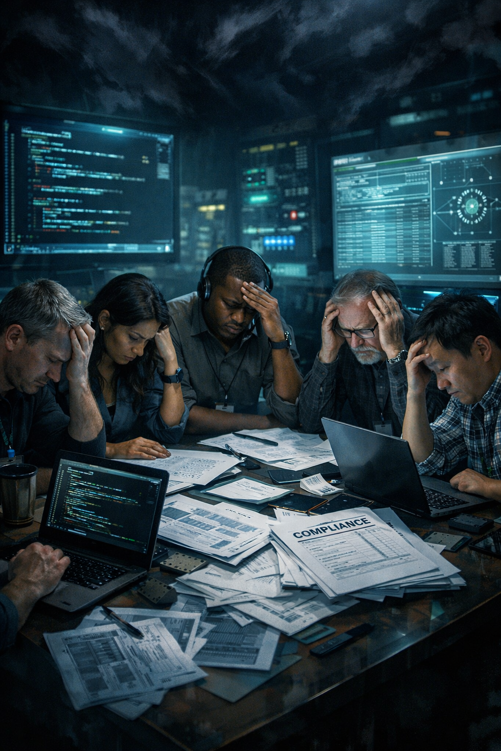 In a dimly lit hightech control room filled with glowing screens and complex diagrams a group of diverse engineers huddles around a central table clut-1 In a dimly lit hightech control room filled with glowing screens and complex diagrams a group of diverse engineers huddles around a central table clut-1