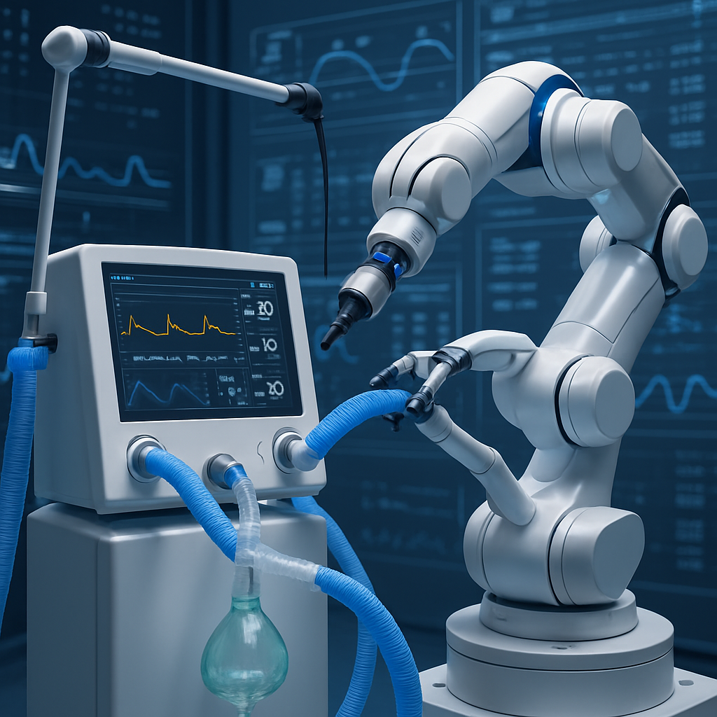high tech medical device such as automatic respiratory device and a robot operating again with data in the background