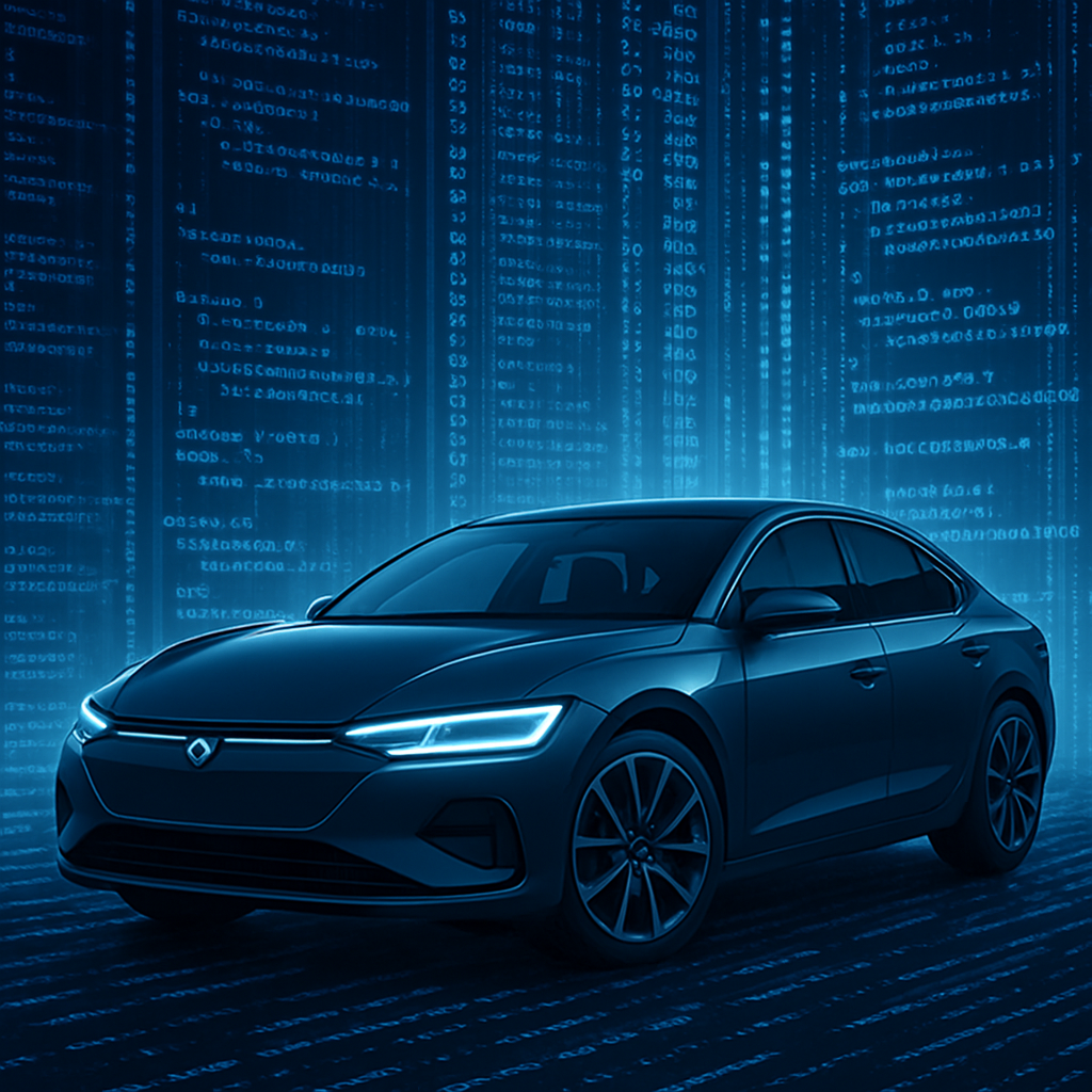 try another image representing a modern software defined vehicle  with massive data and code in the background